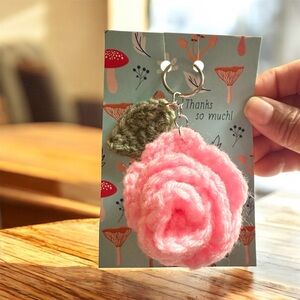Handmade Crochet Pink Rose Flower Keychain Bag Charm NWT